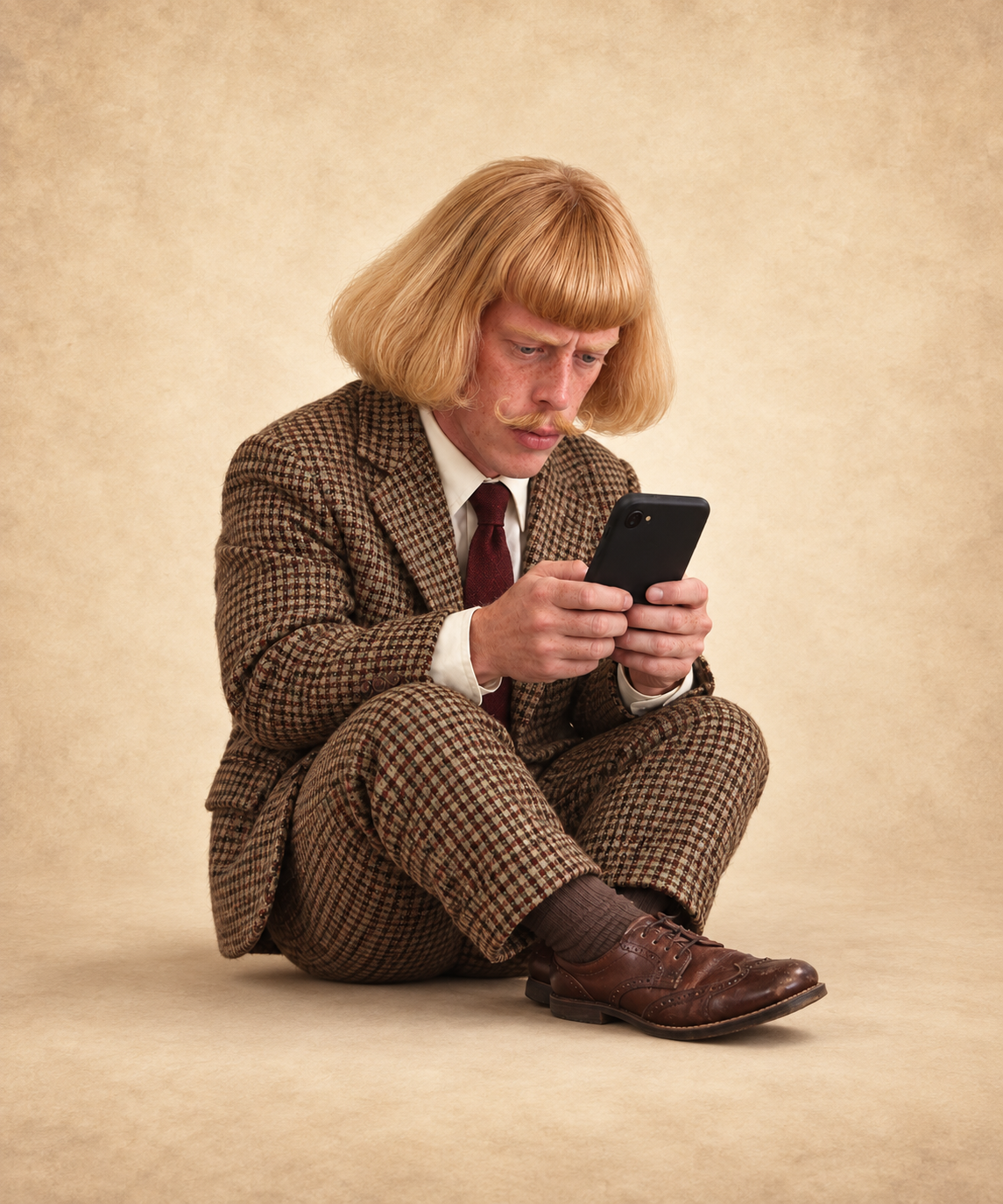 Jean in a checked suit looking at a smartphone